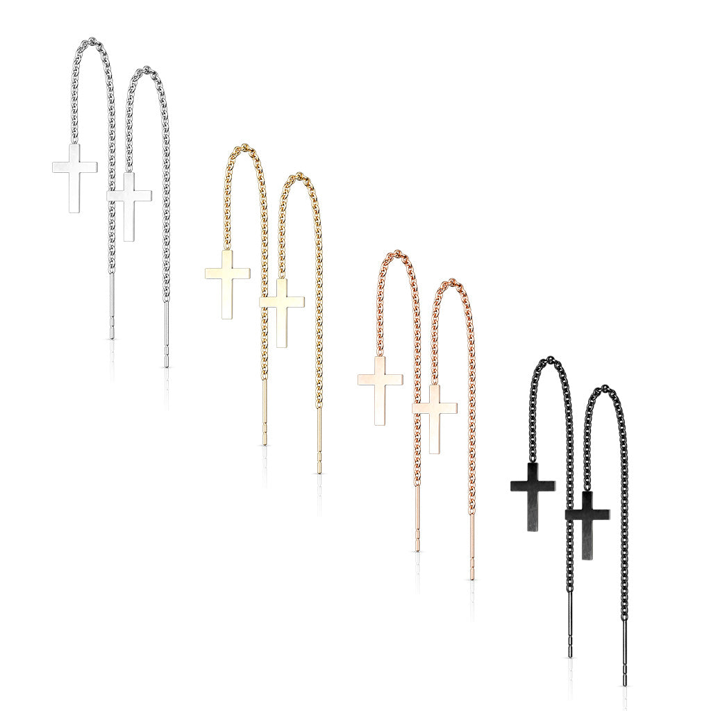 316L Stainless Steel Chain Linked Cross and Post Threaded Earrings