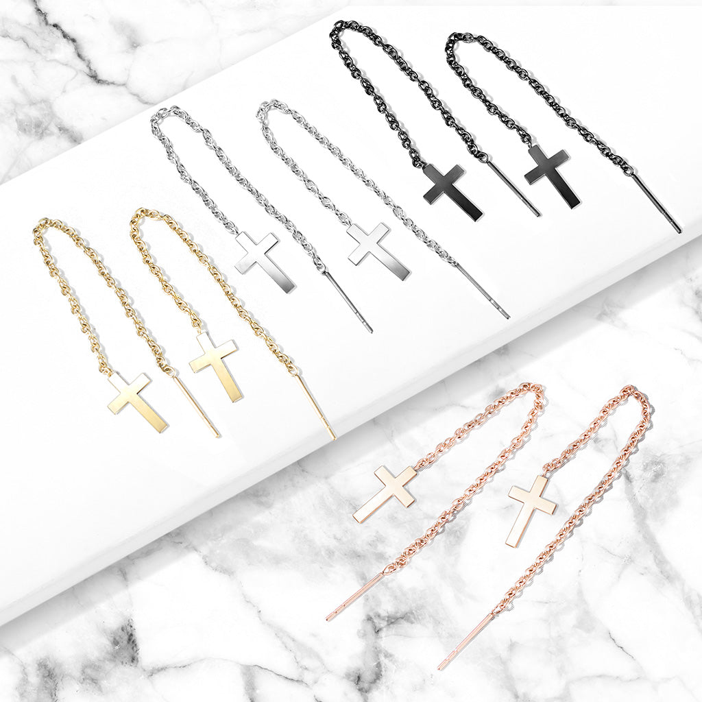 316L Stainless Steel Chain Linked Cross and Post Threaded Earrings