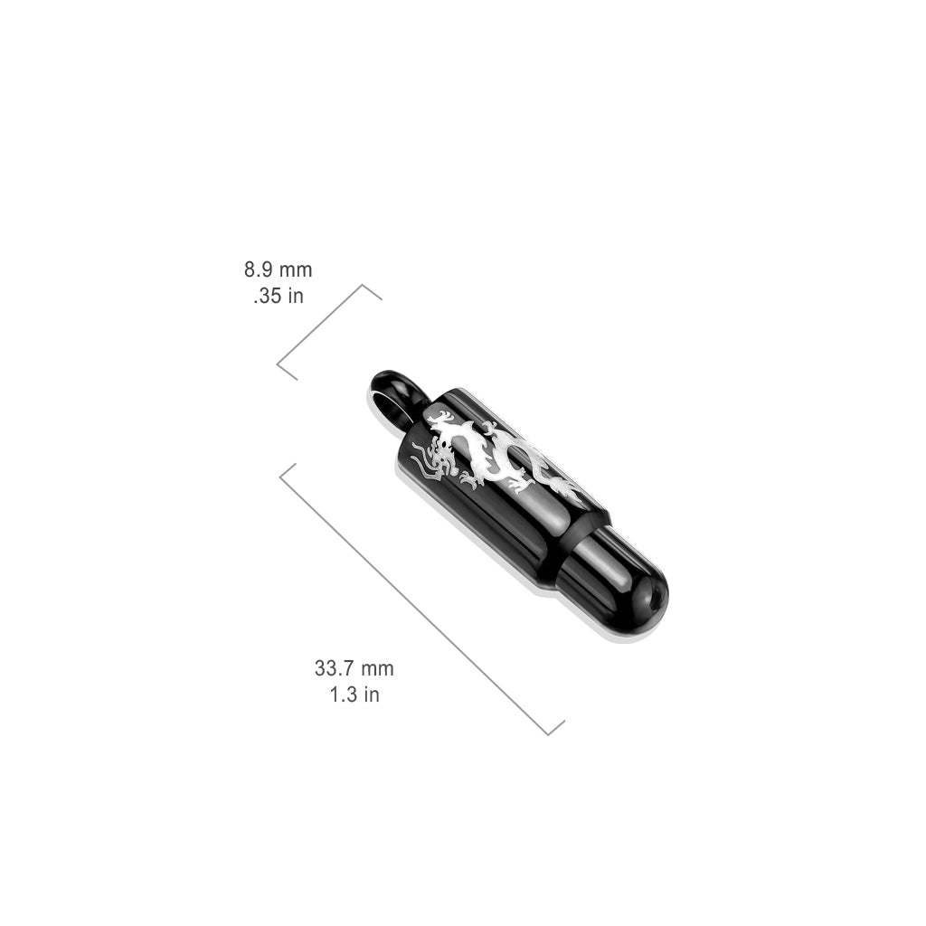 316L Stainless Steel Black IP Dragon Inscribed Bullet Pendant