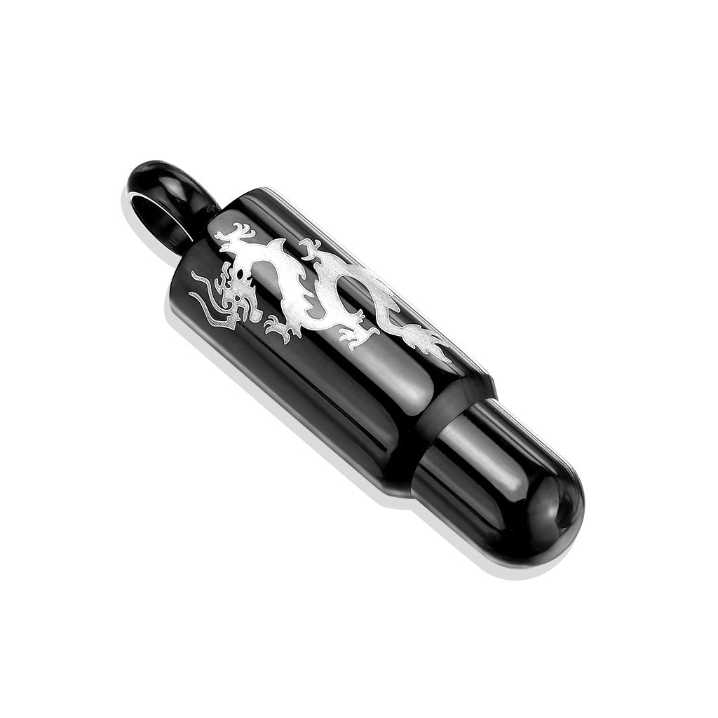 316L Stainless Steel Black IP Dragon Inscribed Bullet Pendant