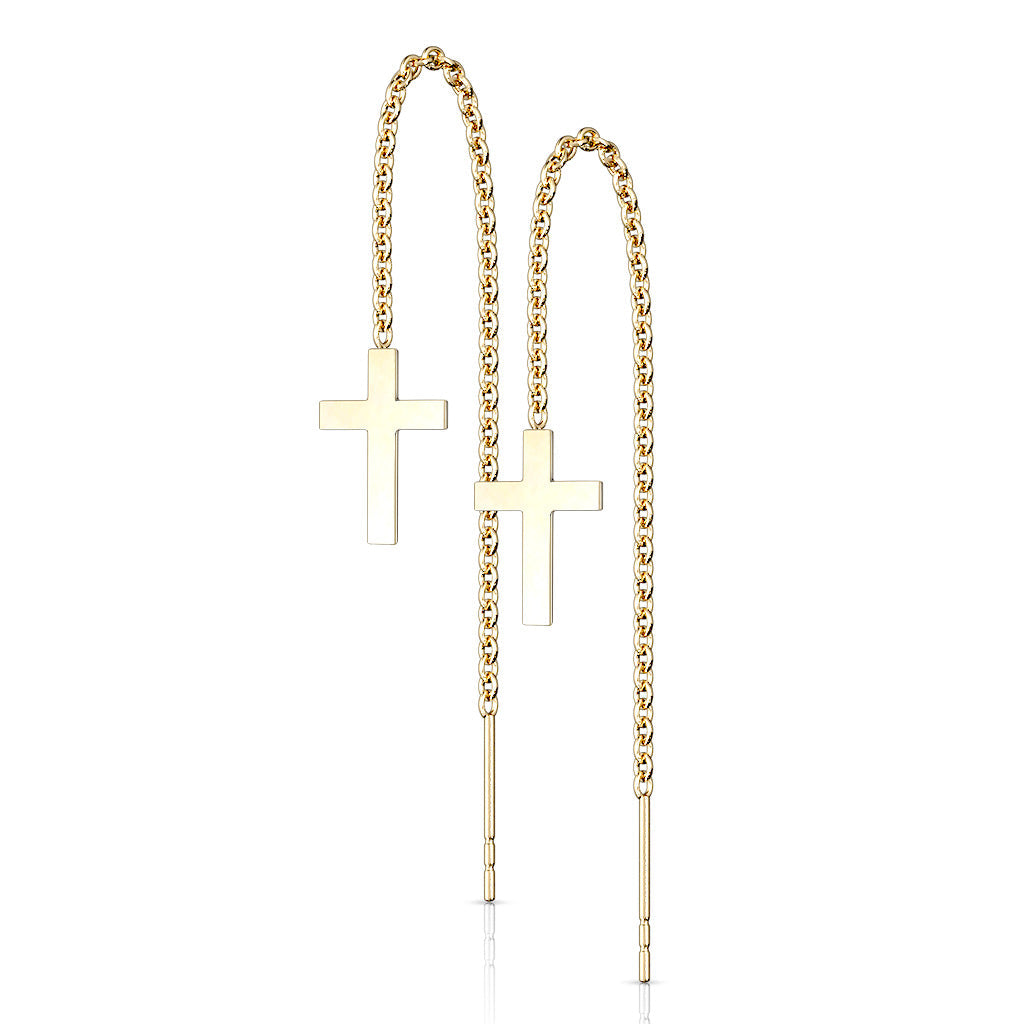 316L Stainless Steel Chain Linked Cross and Post Threaded Earrings