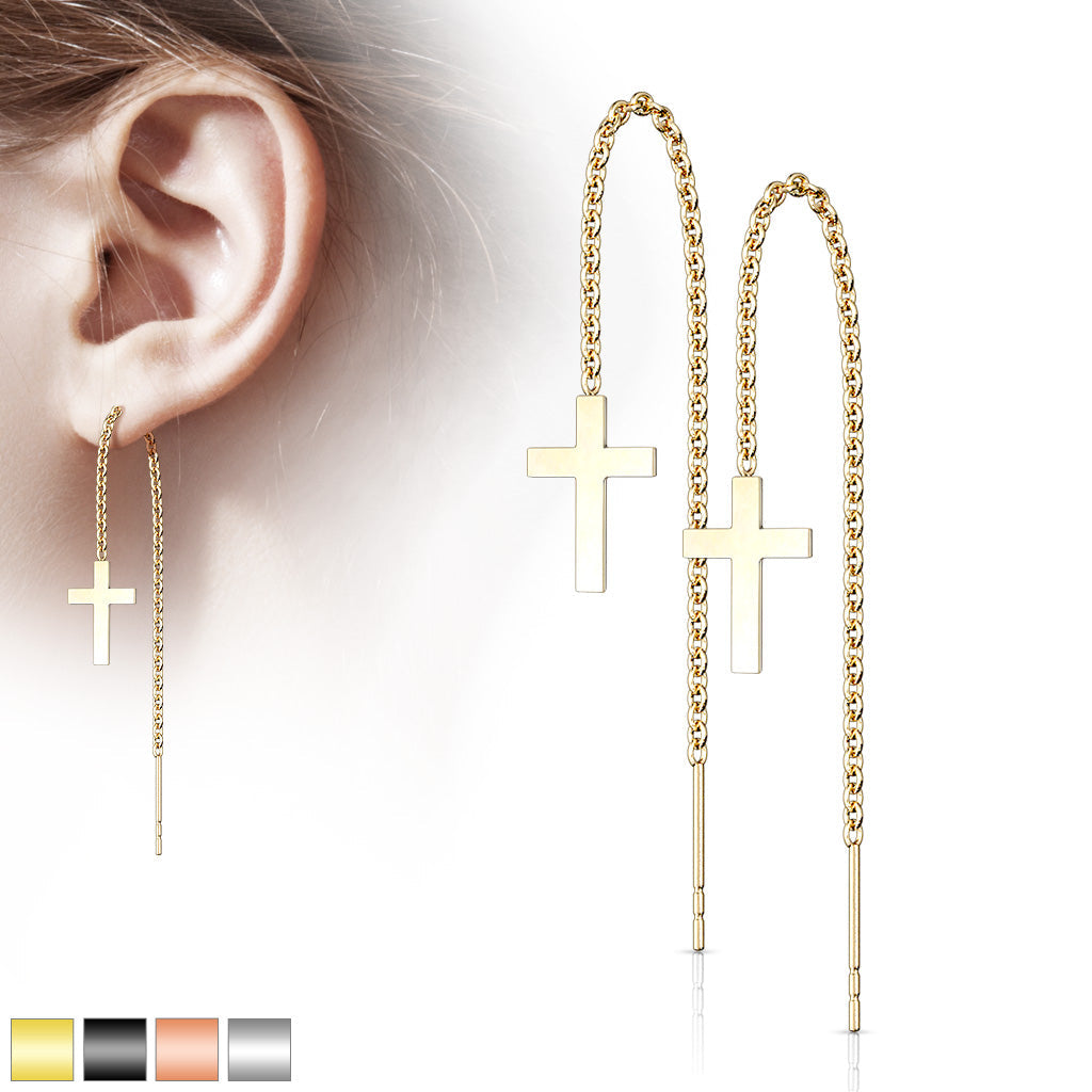 316L Stainless Steel Chain Linked Cross and Post Threaded Earrings
